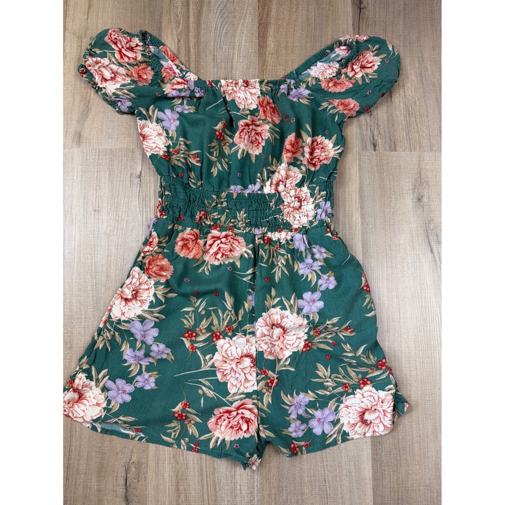 American Eagle Floral Smocked Waist Romper Green Pink XS 327148458
